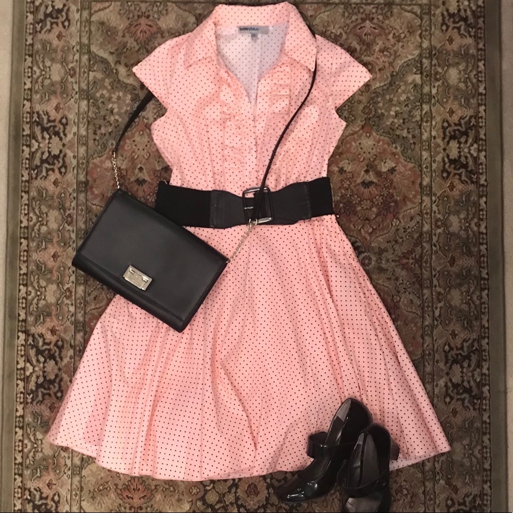 Baby pink fit and flare dress w/black polka dots